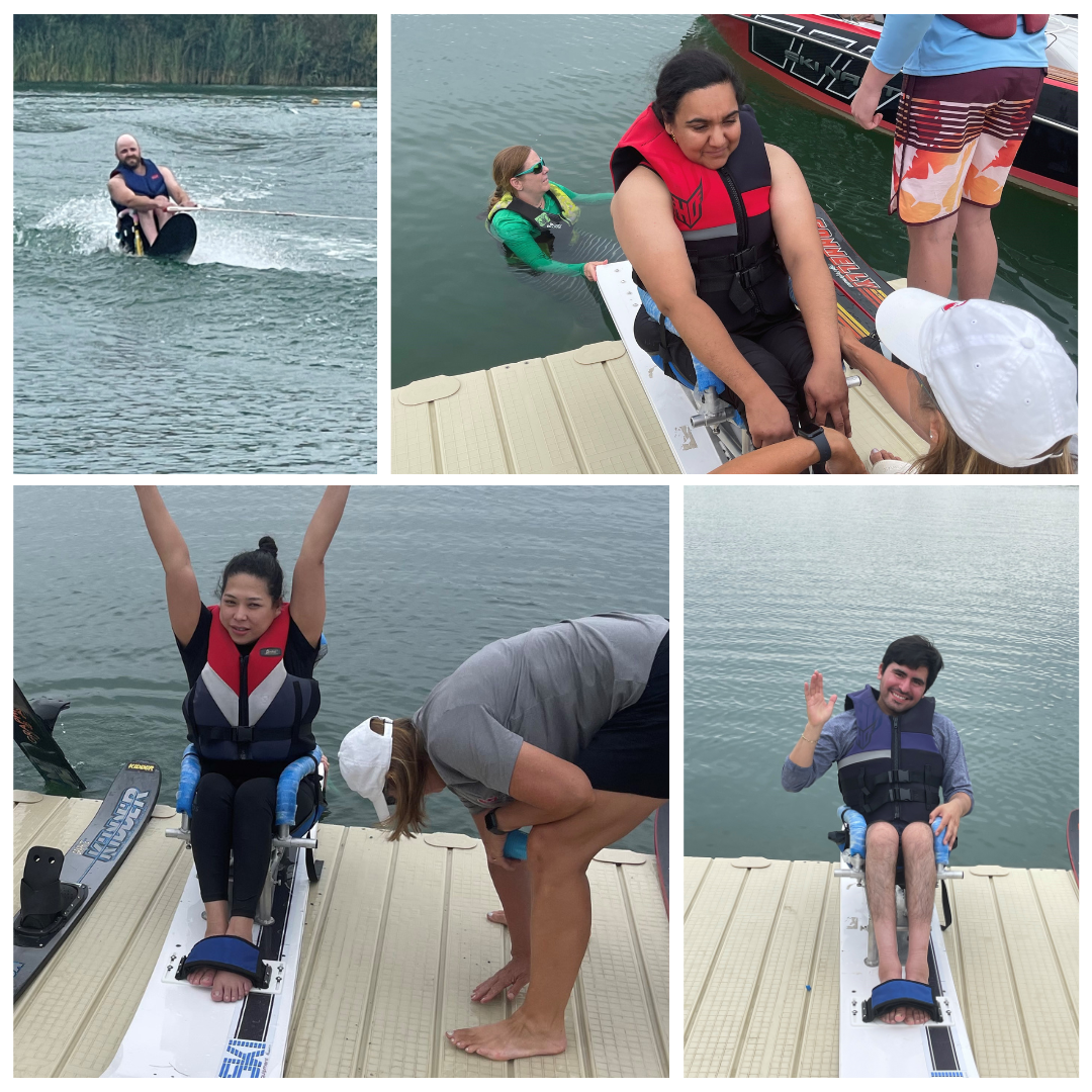 A collage of photos of adaptive waterskiing participants at SCIO's waterskiing event. 