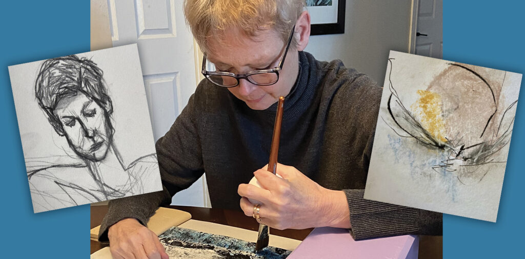 Wendy Cooper-Parkinson holding a paintbrush and working on her art.