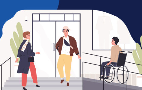 Illustration of a man in a wheelchair using an accessible ramp to enter a shopping mall.
