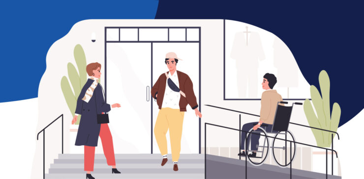 Illustration of a man in a wheelchair using an accessible ramp to enter a shopping mall.