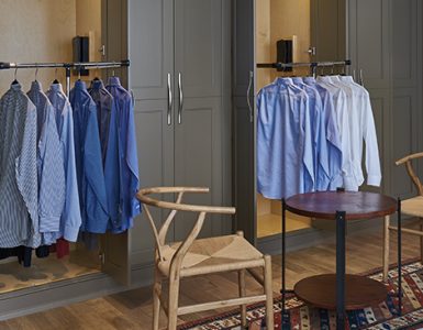 A closet showing pull-down shirt rods.