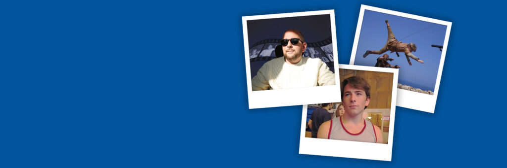 Three polaroids of David Holmes as a young adult, a stuntman and present-day man.