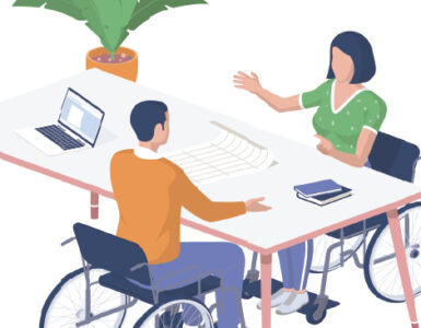 Illustration of a person in a wheelchair speaking to a colleague at a desk.