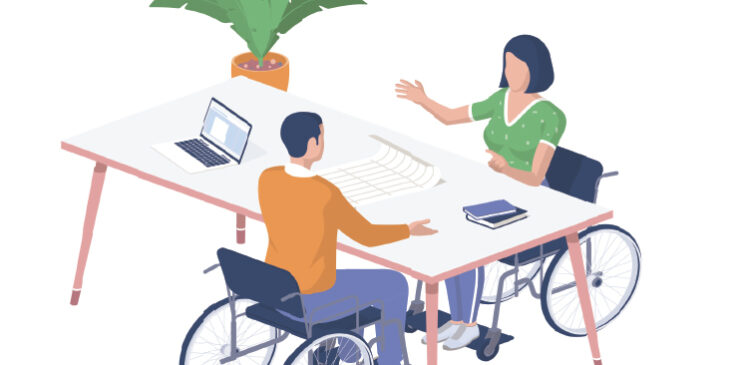 Illustration of a person in a wheelchair speaking to a colleague at a desk.