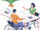Illustration of a person in a wheelchair speaking to a colleague at a desk.