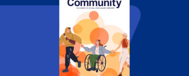 A colourful illustration of three friends, on who uses a wheelchair, linking arms.