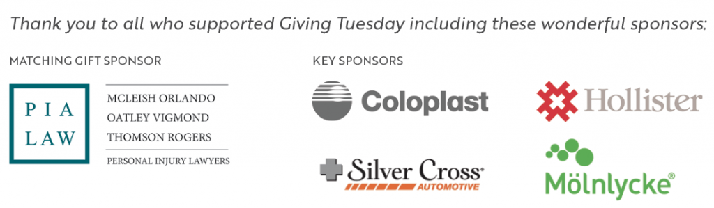 Giving Tuesday sponsors: McLeish Orlando, Oatley Vigmond and Thomson Rogers, Coloplast, Silver Cross Automotive, Hollister, Molnlycke