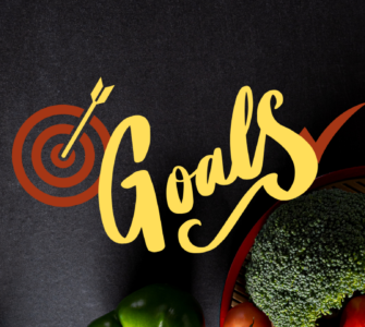 Image of heathy food and running shoes against a starck black background with the words, "Goals" written across the image.