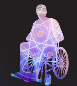 A silhouette of a a man in a wheelchair that is filled with scientific symbols.