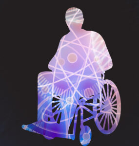 A silhouette of a a man in a wheelchair that is filled with scientific symbols.