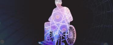 A silhouette of a a man in a wheelchair that is filled with scientific symbols.