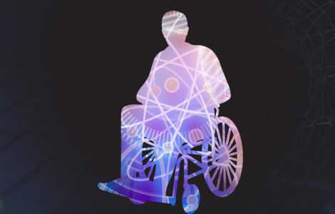 A silhouette of a a man in a wheelchair that is filled with scientific symbols.