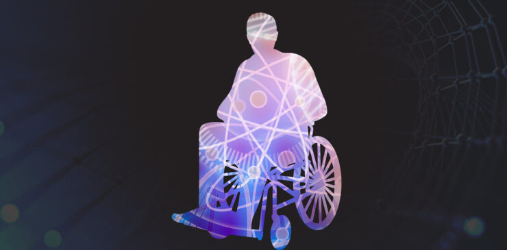 A silhouette of a a man in a wheelchair that is filled with scientific symbols.