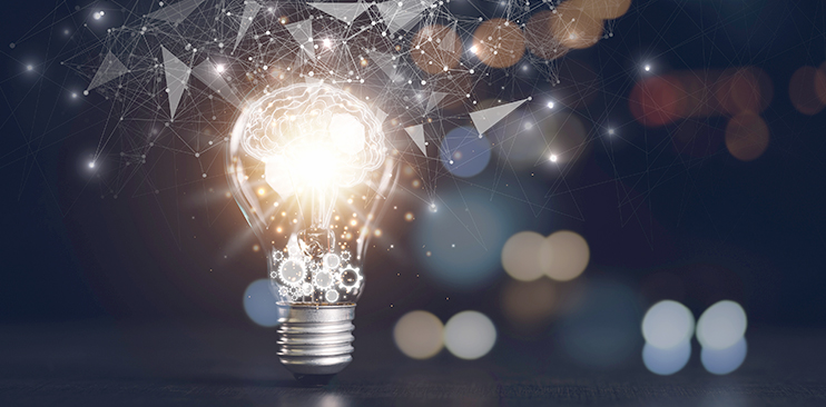 Illustration of a light bulb shattered open with gears and shards.