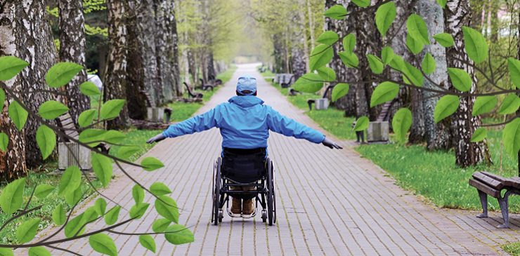 A man in his wheelchair whith his arms outstretched surrounded by a beautiful green park.