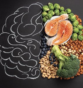 Illustration of the human brain filled with healthy food.