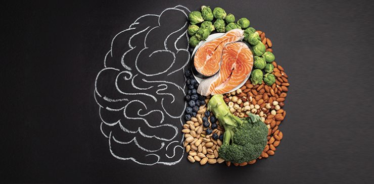 Illustration of the human brain filled with healthy food.