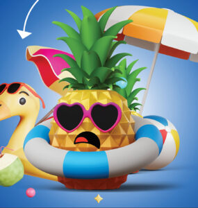 An animated pineapple wearing holiday gear and sunglasses with a scared face.