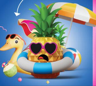 An animated pineapple wearing holiday gear and sunglasses with a scared face.