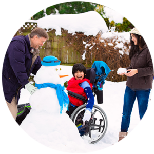 A child in a wheelchair building a snowman with his friend and father.